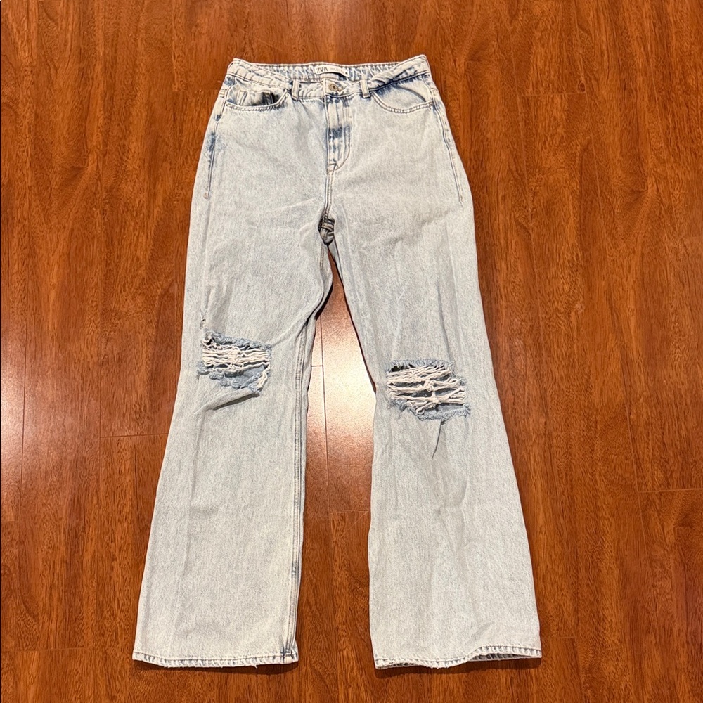 Zara Light Blue Flare Wide Leg Jeans with Distressed Details